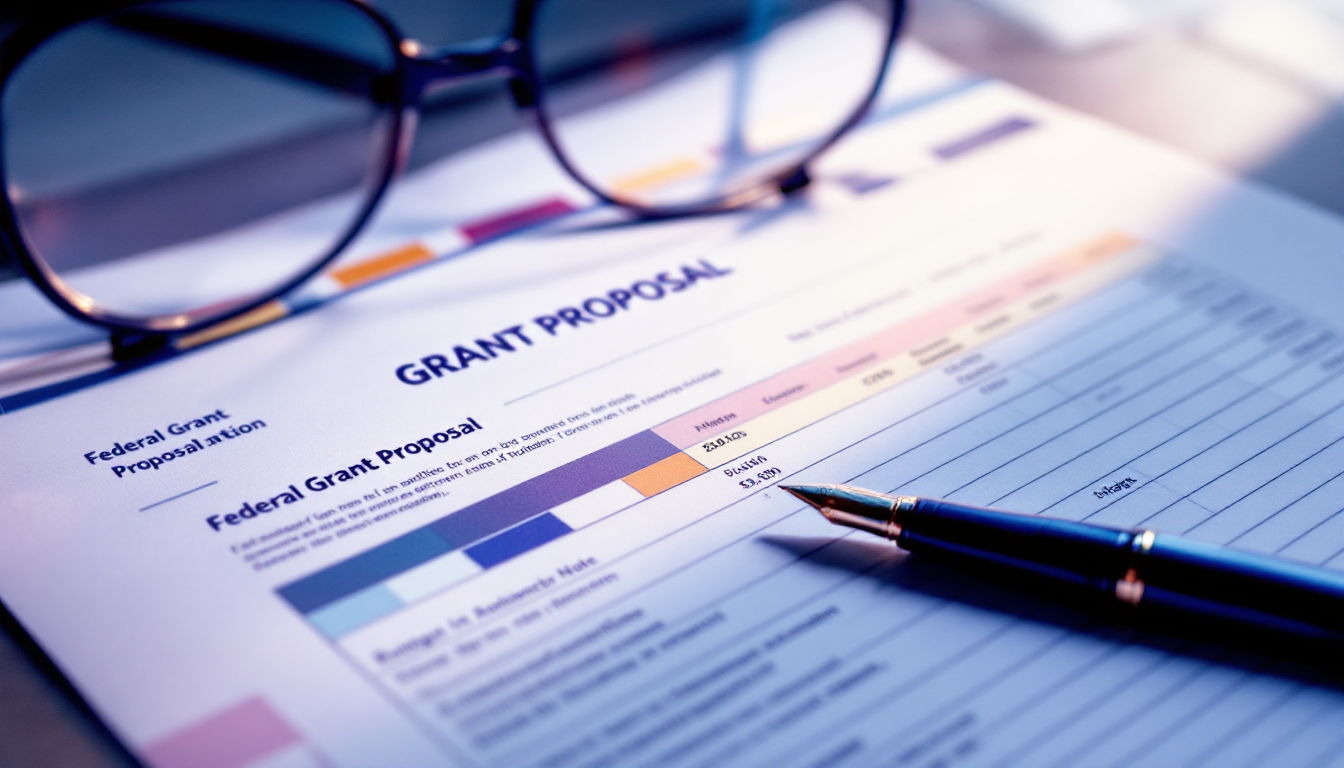 A grant proposal narrative, budget spreadsheet and color-coded RFP tabs laid out on a desk